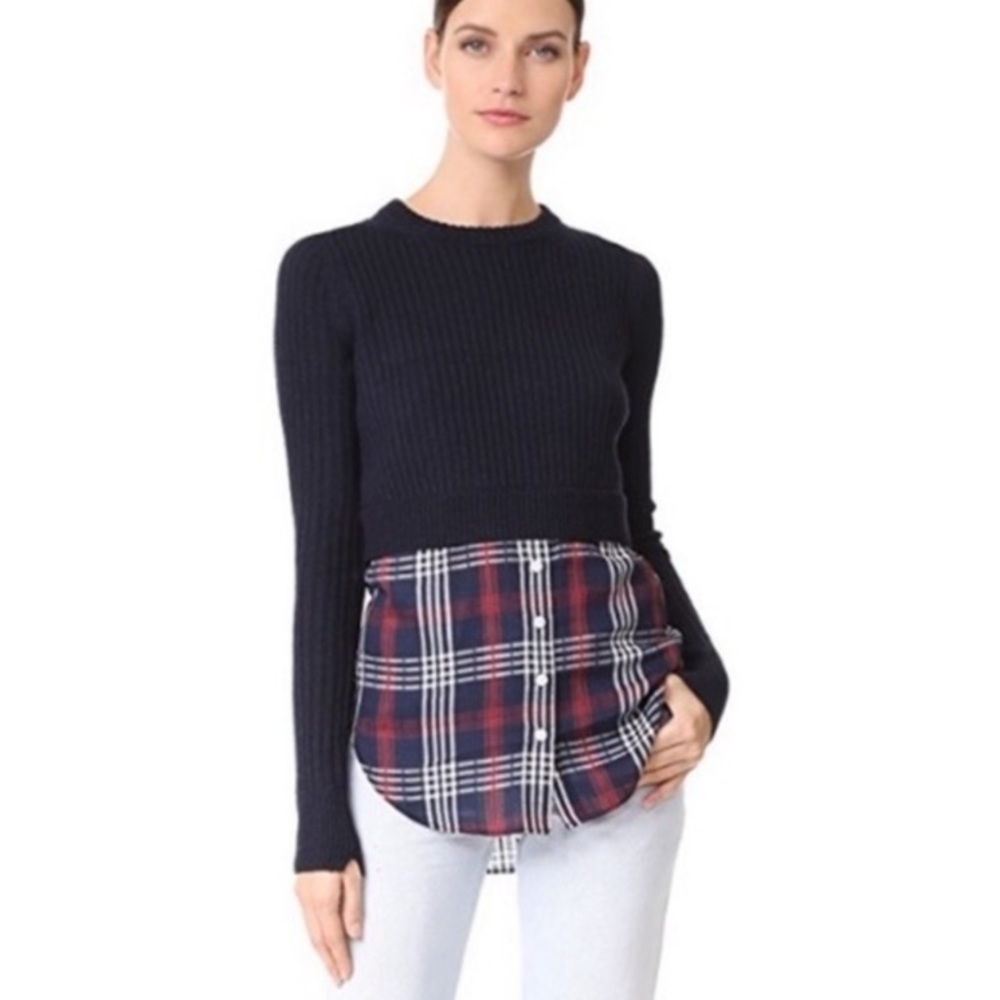 Veronica Beard Navy Garrett Wool Knit Sweater with Plaid Inset XS